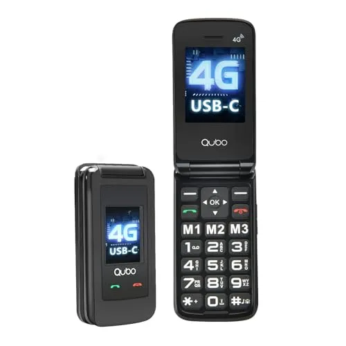 Qubo GSM Handy für Senioren 4G, Flip-Telefone, große Tasten, hohe Lautstärke, SOS-Funktion, 2,4 Zoll + 1,77 Kontakte mit Bildern, Schnellanruf, Seniorenhandy schwarz