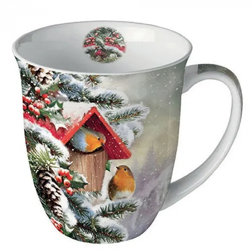 Tasse Weihnachten Rotkehlchen im winterlichen Vogelhaus aus Porzellan. Motivtasse für den gedeckten Tisch und als Geschenk 0,4L x H10,5cm