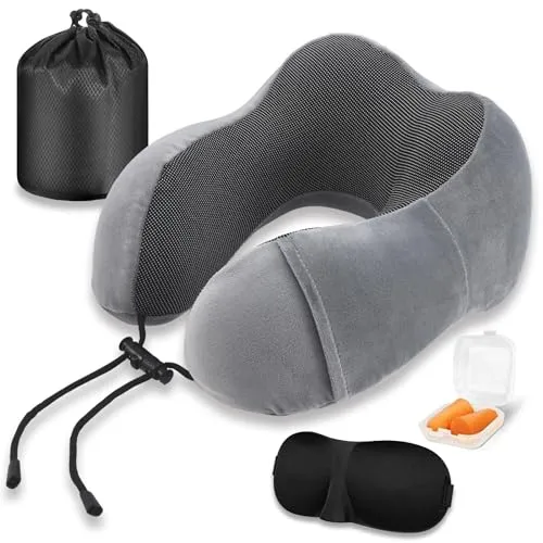Reisekissen, Nackenkissen Flugzeug, Reisekissen Memory Foam, Nackenkissen Reise mit Schlafmaske, Ohrstöpsel, Tasche, Ideal für Reisen, Flugzeug, Auto, Büro