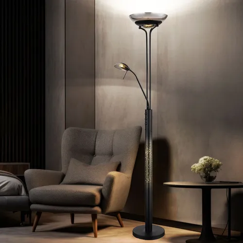 LED Deckenfluter Stehlampe Schwarz mit Lesespot - Stehleuchte in Schwarz und rauchfarbenem Glas, 180 cm hoch, mit schwenkbarem Lesespot für optimale Beleuchtung. Ideal für Wohnzimmer und Schlafzimmer, sorgt für eine angenehme Atmosphäre mit warmweißem Licht.