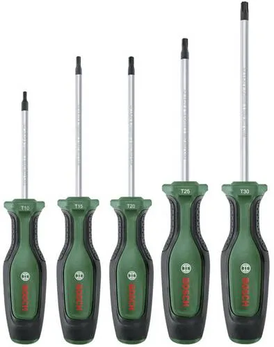 BOSCH Schraubendreher-Set Torx, 5-teilig - Ergonomisch und Hochleistungsfähig - Schraubendreher-Set für optimale Kraftanwendung mit ergonomischem Softgrip. Hergestellt aus hartem S2-Stahl mit magnetischen Spitzen für stabilen Halt.
