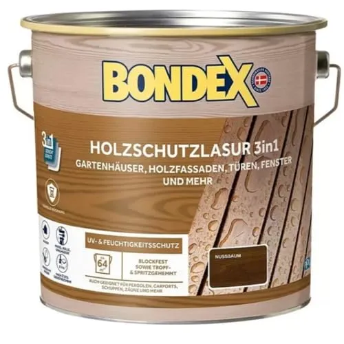 Bondex Holzschutzlasur 3in1 außen, 4L Nussbaum - Farben & Lacke: Innovative 3in1 Holzschutzlasur mit exzellentem UV- & Feuchtigkeitsschutz, ideal für Gartenhäuser und Holzfassaden. Tropfgehemmt für saubere Anwendung!