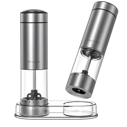 CIRCLE JOY Salz und Pfeffermühle Elektrisch Akkubetriebenes Gewürzmühlen aus Edelstahl mit Sockel, Waschbarem 95ml Transparenter Behälter, Weißem LED-Licht und Einstellbarer Grobheit, Silber