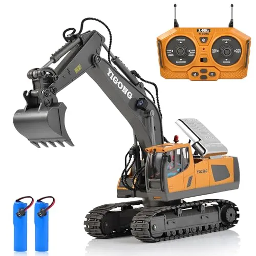 Siereolly Ferngesteuerter Bagger, 2,4 GHz RC Bagger Spielzeug für Kinder Jungen, mit Metall Schaufel, 680° Drehung, Lichtern und Toneffekte, 2 * 1200mAh Rechargeable Batterien