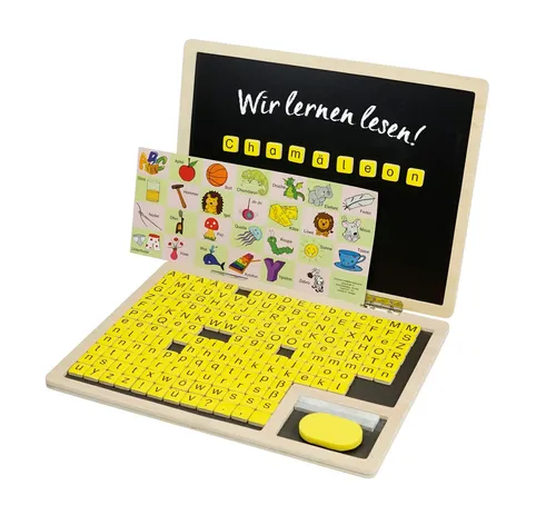 TimeTEX Lese-Klapp-Computer 189-tlg. aus Holz - Magnetisches Lernspielzeug für kreative Kinder, fördert die Konzentration und Feinmotorik, ideal für das spielerische Lernen.