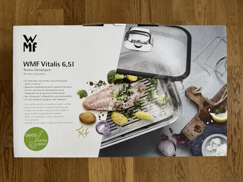 WMF Vitalis Aroma Dampfgarer - Pfannen mit 6,5l Volumen, ideal zum gesunden Dampfgaren und Braten, für alle Herdarten geeignet, inklusive Glasdeckel mit Thermometer für präzise Garzeiten.