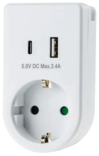 ChiliTec Steckdose Adapter USB-C USB-A Zwischenstecker 230V Schutzkontaktsteckdose mit 5V USB Lade Adapter 3,4A Weiß, 23783