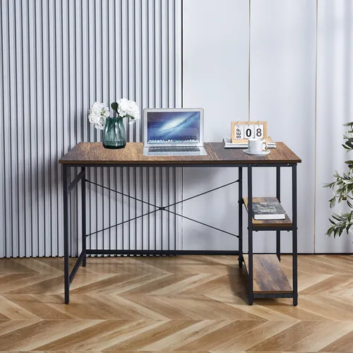 Lina® Computertisch, im Industrie Design, aus Holz, 120x60x75cm, Bürotisch, Holz + Regal Schreibtisch, für Wohnzimmer, Büro mit 2 ablagen - Braun