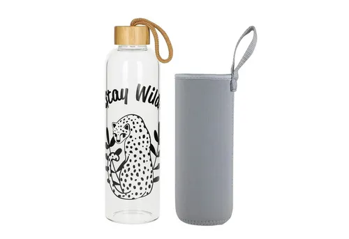 elasto Trinkflasche 1 L Wasserflasche Bamboo Glasflsache inklusive Neoprentasche, Sportflasche, Für Unterwegs, Bottle, Schule und Arbeit, Kautschukhülle