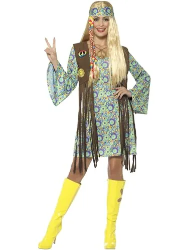 Smiffys 60er-Jahre Hippie-Mädchen-Kostüm - Mehrfarbiges Kleid mit Weste, ideal für Karneval und Themenpartys, Größe 44-46