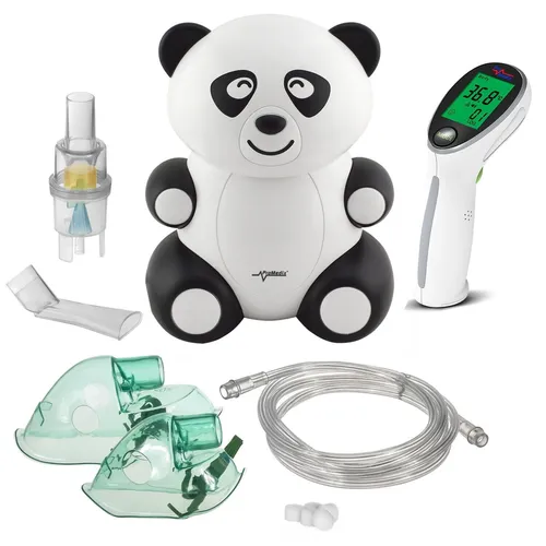 Kinder-Inhalator-Set + Maske Filter Infrarot-Thermometer, Panda - Inhalator-Set für Kinder mit niedlichem Panda-Design, inklusive Infrarot-Thermometer für eine umfassende Gesundheitsüberwachung.