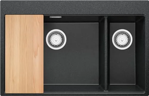 PRIMAGRAN Spülbecken Anthrazit 78x50cm, Granitspüle 2 Becken + Ablauf-Set + Schneidebrett, Küchenspüle ab 80er Unterschrank - Oslo Duo S036