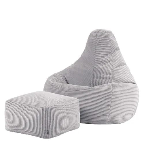 Icon Dalton Sitzsack mit Hocker, Grau - Sitzsäcke für Erwachsene: Bequemer Gaming Sitzsack mit stabiler Rückenlehne und weichem Cordmaterial für höchsten Komfort – ideal für Wohnzimmer oder Schlafzimmer.