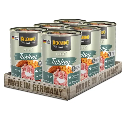 BELCANDO Holistic Turkey & Superfood 6x400g - Getreidefreies Nassfutter für Hunde mit hochwertigem Truthahn und Superfoods, ideal für eine ausgewogene Ernährung und für alle Hundegrößen geeignet.