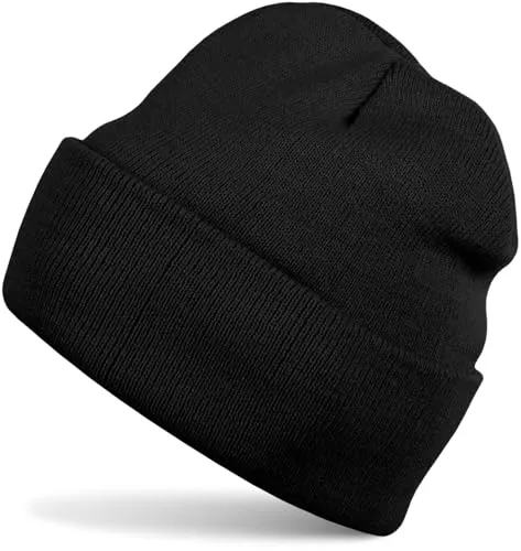 styleBREAKER Unisex Beanie Mütze einfarbig | Klassische Feinstrick Winter Strickmütze mit breitem Umschlag | Elastische Beanie in vielen Farben für Damen und Herren, Farbe:Schwarz