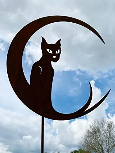 Gartenfigur Katze im Mond 40x38cm + Stab Gartenstecker Edelrost Gartendeko Wetterfest Rost Metall Rostfigur Katzen Figur Tier von Steinfigurenwelt