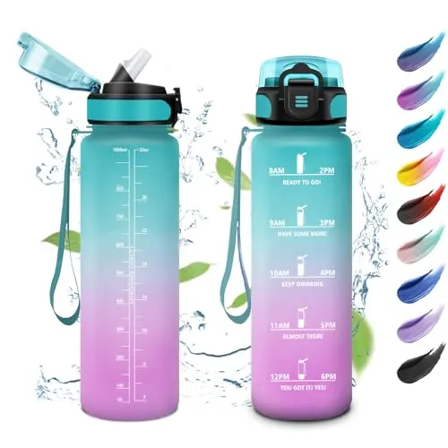 Trinkflasche Auslaufsicher 1L, Wasserflasche Kohlensäure Geeignet, Sport Trinkflasche mit Zeitmarkierung, Wasserflasche mit Strohhalm, Sportflasche für Gym, Schule, Büro, Camping, Fahrrad, Gym