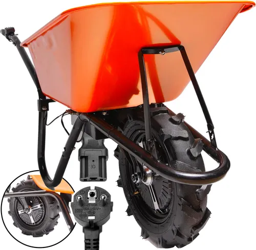 KRAFT&DELE | Akku Schubkarre, mit 24V Antrieb, 150kg, 12Ah, 80l, für Garten, BAU, Stall, Schiebkarre, Gartenkarre, Gartenschubkarre