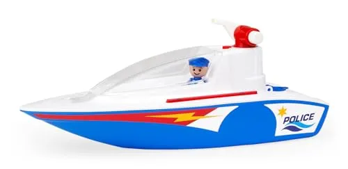 Lena BOAZZ Polizeiboot 36 cm, Spielzeugboot für Indoor und Outdoor, für Kinder ab 2 Jahren, mit Wassertank und Spritzfunktion, in Buntem Schaukarton, Blau
