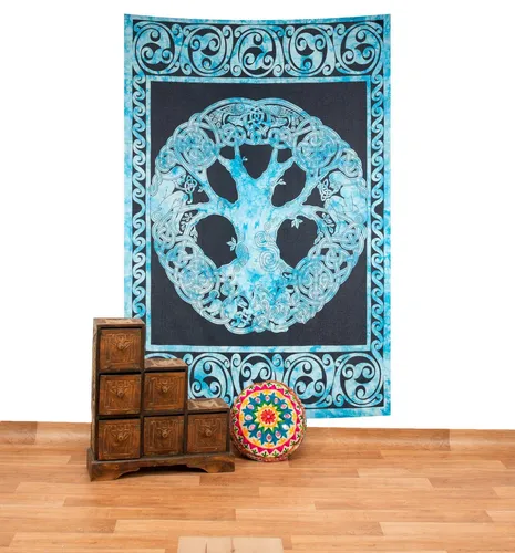 Wandbehang Lebensbaum Goa 210x145 cm - Vielseitiger Wandteppich aus 100% Baumwolle im indischen Stil. Ideal zur Dekoration von Wohnräumen oder Wintergärten, bringt er Farbe und Stil in Ihr Zuhause.