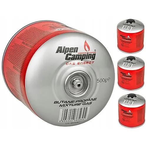 Alpen Camping IK008 4x 877 ml / 500g Gaskartusche mit Propan-Butan Schraubkartusche mit 7/16“ Anschluss für Gaskocher Campingkocher Bunsenbrenner Lötbrenner EN417 (4)