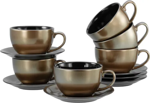 CreaTable Golden Days Schwarz Cappuccinoset 12-tlg - Elegantes Geschirrset mit 6 goldfarbenen Cappuccinotassen und Untertassen, spülmaschinen- und mikrowellengeeignet, für einen glamourösen Tisch.