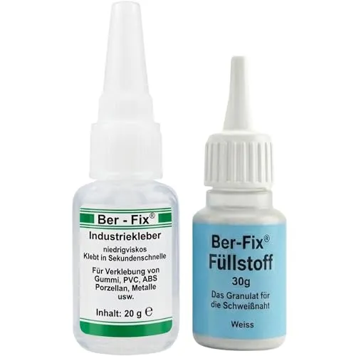 Ber-Fix Füllstoff-Set - Extra starker Industriekleber für Kunststoff, Metall, Keramik, Holz und mehr - Wasserfest und hitzebeständig - Profi-Reparaturkleber - Extra starker Sekundenkleber
