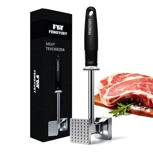 FENGYUEY Fleischklopfer [Original] - Doppelseitiger Schnitzelklopfer, Fleischhammer für Hähnchen, Rindfleisch, Geflügel | Ergonomischer Großer Soft-Touch-Griff, Spülmaschinenfest | Schwarz