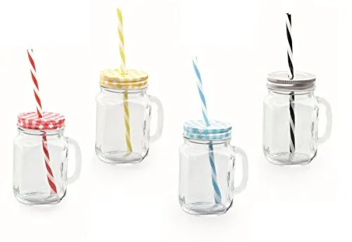 Trinkglas mit Deckel und wiederverwendbarem Trinkhalm (bunt)