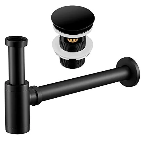 Wasserrhythm Universal Siphon mit Ablaufgarnitur für Waschbecken und Waschschalen mit Überlauf, Pop Up Ventil mit Abflussgarnitur passgenau, aus Messing, schwarz matt