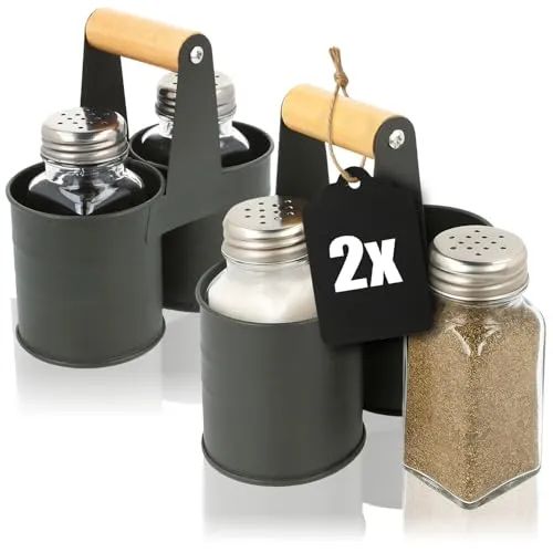 com-four® 6-teiliges Gewürzstreuer Set aus Glas - Salz und Pfeffer mit passender Halterung aus Metall (02 Stück - Mit Halterung)