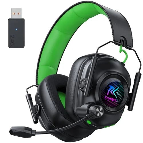 Krysenix KGH2 Gaming Headset Wireless für PS4, PS5, PC, Mac, Switch, 2.4GHz Faltbares Kabelloses Headset mit Mikrofon&LED, 40H Akkulaufzeit, Schwarz Grün