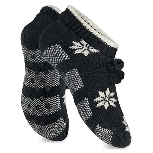 Celodoro Damen Norweger Strick Socken für Zuhause (1 Paar) Hüttensocken mit ABS-Sohle - Schwarz 39-42