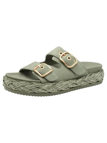 Pantolette TAMARIS Damen, Gr. 38, mintgrün - Stylische Pantoletten aus Ziegenveloursleder mit 4 cm Plateauhöhe, perfekt für den Sommer und komfortabel dank vorgeformtem Fußbett.