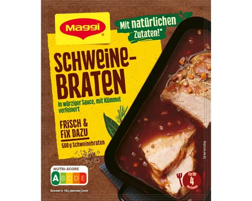 MAGGI Fix für Schweinebraten in würziger Sauce mit Kümmel 35g - Verfeinern Sie Ihr Schweinebraten-Gericht mit dieser aromatischen Sauce. Einfach zubereitet, sorgt sie für ein intensives Geschmackserlebnis und ist ideal für Grillabende.