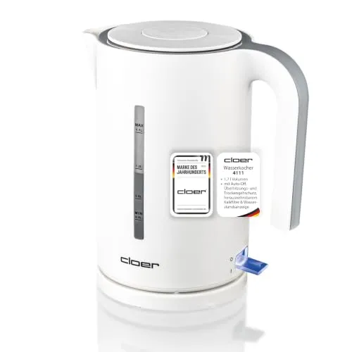 Cloer 4111 Wasserkocher 1,7 l mit herausnehmbarem Kalkfilter, beidseitige Wasserstandsanzeige, Überhitzungs- & Trockengehschutz, 360°-Basis, Kunststoffgehäuse, weiß, 2200 Watt