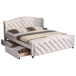 Polsterbett,Bett mit Lattenrost, 2 Schubladen und Kopfteil mit Zugpunktnieten,Jugendbett Gästebett 140 x 200 cm - Weiß