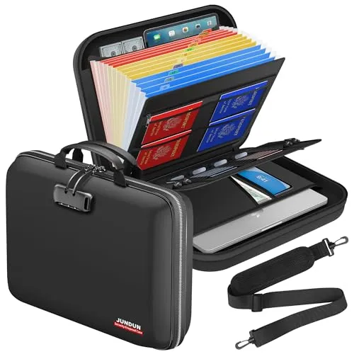 JUNDUN Feuerfeste Dokumentenbox mit Schloss & Trageriemen, Hartschalen-Aktentasche mit 13 Fächern, Aktenordner, Tragbarer Safe für Dokumente, Laptop für Home Office & Reise