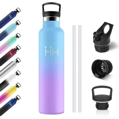 Isolierflasche 1L, Auslaufsicher Edelstahl Trinkflasche mit Strohhalm, Thermosflasche Kohlensäure Geeignet, Einhandöffnung, BPA-Frei, Wasserflasche für Wasser, Reisen, Gym, Uni, Camping, Schule