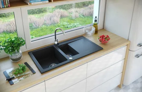 Granit Spüle DG005 Schwarz 95x50cm - Sanitäranlagen & Zubehör - Hochwertige Einbauspüle aus kratzfestem Granit, hitzebeständig bis 280°C und ideal für moderne Küchen.