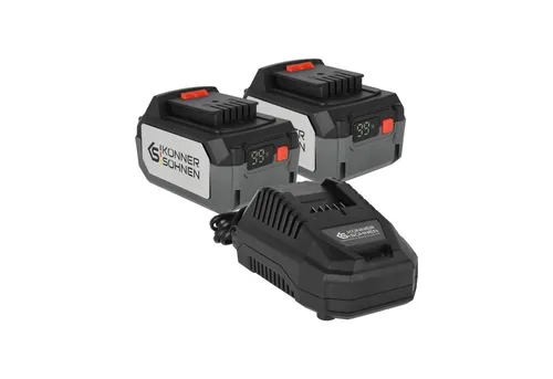 Könner & Söhnen KS 20V4-1-Dual Starter-Kit mit 2x 20V 4Ah Li-Ion Akkus - Effizientes Starter-Kit für 20V Akkuwerkzeuge von Könner & Söhnen. Mit 4Ah Akkus und Schnellladegerät für volle Leistung in nur 65 Minuten. Ideal für Garten, Montage und Renovierung.
