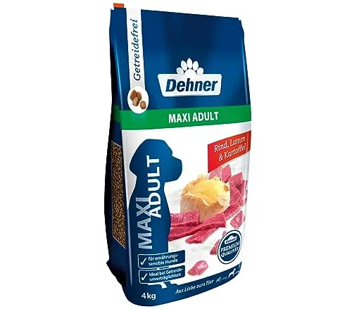 Dehner Premium Hundefutter Maxi Adult - Getreidefreies Trockenfutter für große Rassen, fördert Verdauung und Immunsystem, 4 kg