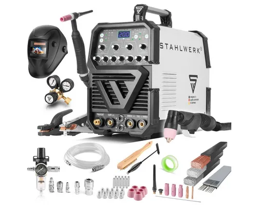 STAHLWERK AC/DC WIG 200 Puls Schweißgerät - Vielseitiges 3-in-1 Kombigerät für WIG, MMA und Plasma Schneiden (50A) – ideal für präzise Arbeiten an verschiedenen Metallen, inklusive hochwertigem Schweißhelm im Lieferumfang.
