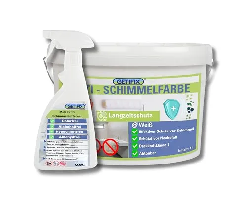GETIFIX Schimmelentferner Spray (chlorfrei) 0,5 l + Schimmelfarbe Weiß 1 l, effektives Duo für die Schimmelentfernung und Schutz vor Neubefall, für viele Wände geeignet