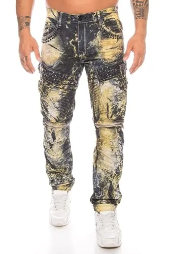 Cipo & Baxx Herren Jeans mit Strasssteinen und vielen Details (Khaki, W30/L32)