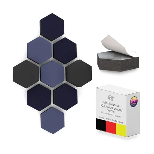 PolySound ECO Akustikpaneele selbstklebend - 9er Set 3D-Schaumstoff (3-10 cm), Hohe Schalldämmung (αw 0,9), Rückstandslos Ablösbar, Deep Blue Sea