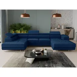 Wohnlandschaft Caris U - Ecksofa mit Schlaffunktion und Kopfstützen - Stilvolle Wohnlandschaft Caris U in Dunkelblau mit Schlaffunktion und zwei Bettkästen. Ideal für Gästeübernachtungen und komfortable Entspannung.