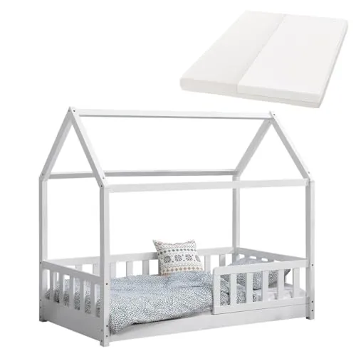 Juskys Kinderbett Marli 80x160 cm mit Rausfallschutz - Robustes Kinderbett für 3-10 Jahre, inkl. bequemer Kaltschaummatratze und sicherem Rausfallschutz. Ideal für ein sicheres Schlafumfeld.