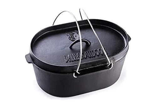 Valhal Outdoor Feuertopf 9L - Ovaler Gusseisen Dutch Oven mit Grilldeckel - Dutch Oven aus vorgeöltem Gusseisen, ideal für alle Herdarten. Perfekt zum Brotbacken und Grillen, langlebig und vielseitig einsetzbar.