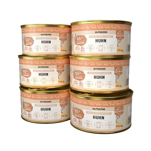 alphazoo Katzenfutter Monoprotein Huhn 6x200g – getreidefrei & proteinreich mit Karotte, Lachsöl & Katzenminze – Für Vitalität, glänzendes Fell & gesunde Verdauung - Made in Germany